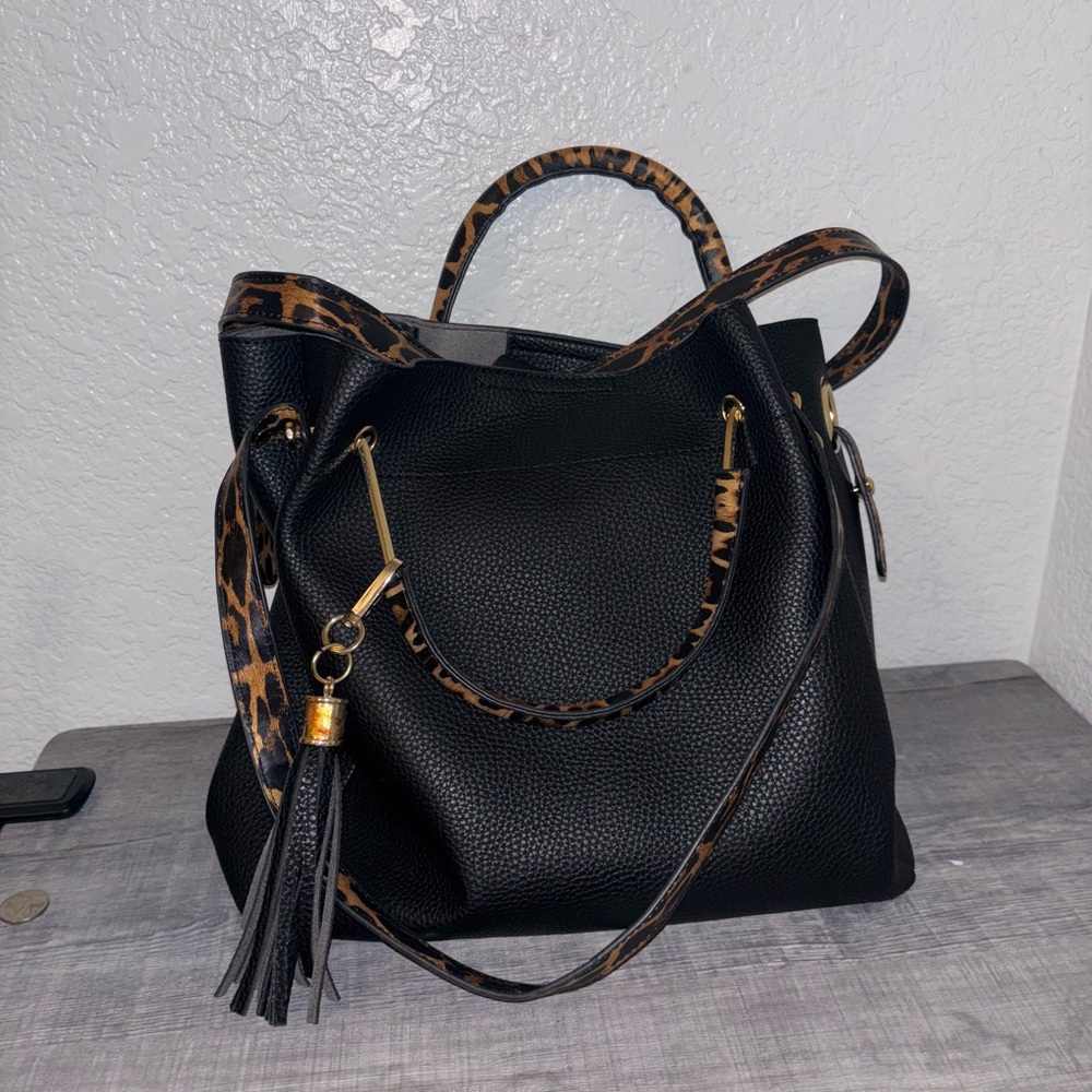 Elegant Black and Brown Tote with Leopard Print Handles